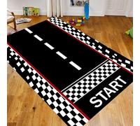 Kids Race Track Area Rug, 60x110cm, Checkered Track Tire Track Marking Car or Karting Road Race Cool Black and White Indoor Carpet, Soft Sturdy Gaming Rugs for Teens Boys Room