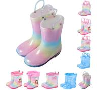 Kids Rainbow Glitter Wellies Girls Waterproof Rain Boots with Handles Cute Cartoon Bow Outdoor Essentials School Children's Waterproof Rain Boots Non Slip Gradient Wellington Boots for Kids Uk
