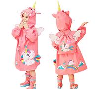 Kids Raincoat Boys Girls Rain Poncho Waterpoof Jacket Toddler Cartoon Rainwear Reusable Rain Suit with Portable Bag for 3-4 Years