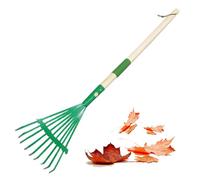 Kids Rake 27'' Nine Teeth Steel Small Rake with Wood Handle Easy Assembly Kids Garden Tools with Green Head Educational Gardening Tools for Outdoors