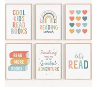 Kids Reading Wall Art Prints - Set of 6 Unframed Posters for Book Nook or Classroom Decor - Cute Motivational Reading Corner Signs for Boys and Girls Bedroom or Library (A4 (21.0 x 29.7 cm))