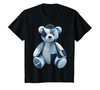 Kids Retro Hanukkah Bear Jewish Boy Blue Denim Patchwork T-Shirt