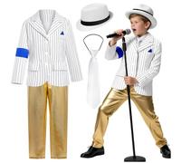 Kids Retro Pop Star Costume 4-Piece Set Striped Jacket Shiny Gold Pants With White Hat And Necktie 80s 90s Music Icon For Halloween Party Stage Performance And Fancy Dress