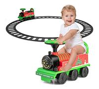 Kids Ride On Train with Track, 6V Battery Powered Electric Toy Car with Lights and Sounds Retractable Footrest Under Seat Storage (Green)