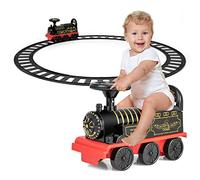 Kids Ride On Train with Track, 6V Battery Powered Electric Toy Car with Lights and Sounds Retractable Footrest Under Seat Storage (Black)