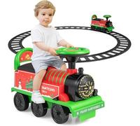 Kids Ride On Train with Track, 6V Electric Toy with Lights and Sounds, Retractable Footrest, Under Seat Storage, Christmas Theme Battery Powered Gift for Toddlers Boys Girls (Green)