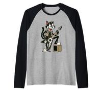 Kids Rock Roll Cat Playing Guitar Rock Music Funny Band Kids Raglan Baseball Tee