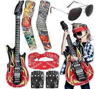 Kids Rock Star Costume, Rock Star Fancy Dress Kids, 7PCS Rock Star Costume Set with Inflatable Guitar Sunglasses Gloves Tattoo Sleeves Bandana, Punk Accessories for Men Women Halloween 80s Disco Party