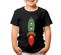 Kids Rocket Ship T-Shirt Space Adventure Design with Cartoon Astronauts Soft Cotton Tee for Boys & Girls Fun Playtime Birthday Gift #T490 Black 3-4 Years