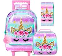 Kids Rolling Backpack for Girls and Boys,Unicorn Mermaid Dinosaur Animal Roller Backpacks Set with Wheels for Kids, Girls Rolling Backpack - UV Printing Gold Horn, One Size