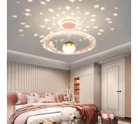 Kids Room Astronaut LED Ceiling Light with Projector Stars Dimmable Round Modern Chandelier Pendant Light Boys Bedroom Ceiling Light for Girls Boys Room Nursery Children, Pink White Blue (Pink)