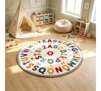 Kids Round Rugs Washable, 100cm Playroom Non Slip Low-Pile ABC Monster Rug | Machine Washable Throw Carpet for Kids Bedroom Playroom Nursery Soft Indoor Educational Alphabet Animal Cream