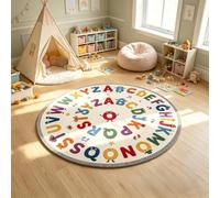 Kids Round Rugs Washable, 120cm Playroom Non Slip Low-Pile ABC Monster Rug | Machine Washable Throw Carpet for Kids Bedroom Playroom Nursery Soft Indoor Educational Alphabet Animal Cream
