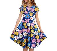 Kids Ruffle Hem Dress Girls Age 6-15 Years Summer Flutter Sleeve Crew Neck Floral Flared Cute Trendy School Dresses Teen Girls Comfy Casual Dance Party Beach Vacation (Blue #7, 12-13 Years)