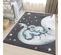 Kids Rug Blue Grey Animal Nursery Rugs Elephant SOFT Woven Childrens Bedroom Carpet Baby Play Mat Unisex (Blue Grey White Elephant, 160x230cm (5'3"x7'7"))