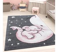 Kids Rug Pink Grey Animal Nursery Carpet Soft Woven Girls Bedroom Rug Baby Playroom Mat (Pink Grey White Elephant, 80x150cm (2'6"x5'0"))