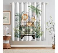 Kids Safari Blackout Curtains for Bedroom, Jungle Animal Lion Elephant Giraffe Pattern Thermal Eyelet Drapes for Living Room, 52 x 63 Inch 2 Panels, Home Decoration - H388