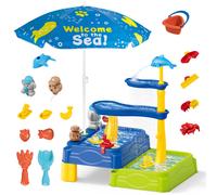 Kids Sand & Water Play Table with Umbrella Outdoor Waterfall Activity Set with Accessories