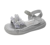 Kids Sandals Girls Open Toe Sandals with Rhinestone Lace Bow Decor Soft Non Slip Sole Adjustable Strap Princess Style Casual Beach Shoes for Girls 3 to 12 Years Silver