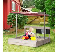 Outsunny Sand Pit Kids Sandbox with Height Adjustable Canopy, Wooden Sandpit with Kitchen Toys, Faucet, Seat, Storage, Bottom Liner for 3-7 Years Old Outdoor