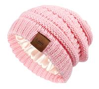 Kids Satin Lined Winter Hat Cable Knitted Beanie Silk Lined Thick Chunky Cap Soft Slouchy Warm Hat for Children, Pink, Large