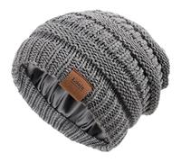 Kids Satin Lined Winter Hat Cable Knitted Beanie Silk Lined Thick Chunky Cap Soft Slouchy Warm Hat for Children, Grey, Medium