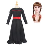 Kids Scary Doll Anna Costume, Girls Horror Doll Black Dress with Waistband and Wig, Scary Creepy Movie Costume Halloween Outfits