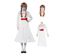 Kids Scary Doll Anna Costume, Girls Horror Doll White Dress with Waistband and Wig, Scary Creepy Movie Costume Halloween Outfits