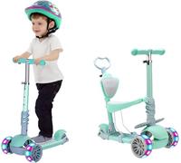 Kids Scooter 3 Wheel Push Scooter 5 in 1 Riding Toy with Height Adjustable Foldable Seat Folding Scooters Flashing PU Wheels Sit Stand Lean-to-Steer for Toddlers Boys Girls