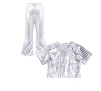 Kids Sequin Top and Flared Pants Two Piece Outfit Boys Girls Sparkly Metallic Crop Top Hip Pop Disco Party Dance Shiny Trousers Y2K Streetwear Dancewear for Carnival Jazz Dance Costume