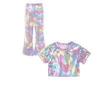 Kids Sequin Top and Flared Pants Two Piece Outfit Boys Girls Sparkly Metallic Crop Top Hip Pop Disco Party Dance Shiny Trousers Y2K Streetwear Dancewear for Carnival Jazz Dance Costume