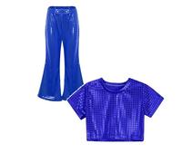 Kids Sequin Top and Flared Pants Two Piece Outfit Boys Girls Sparkly Metallic Crop Top Hip Pop Disco Party Dance Shiny Trousers Y2K Streetwear Dancewear for Carnival Jazz Dance Costume