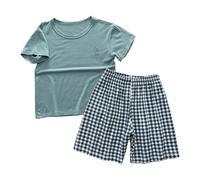 Kids Set 2PCS Outfit Boys Girls with Short Sleeve T-Shirt & Plaid Shorts Summer ghtwear oun ewear (Green, 150)