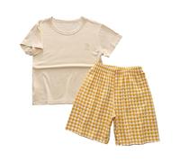Kids Set 2PCS Outfit Boys Girls with Short Sleeve T-Shirt & Plaid Shorts Summer ghtwear oun ewear (Yellow, 130)