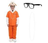 Kids Sheep Assistant Mayor Zoo Movie Costume - Prisoner Jumpsuit & Sheep Outfit with Pearl Necklace and Clear Lens Glasses - Girls Character Cosplay Set for Halloween World Book Day