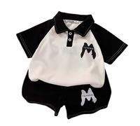 Kids Shirt Outfit Boys Summer Short Sleeve Top with Contrast Collar and Matching Shorts Toddler Athletic Play Set for Daily Casual Wear (Black, 9-10 Years)