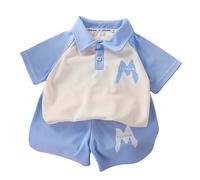Kids Shirt Outfit Boys Summer Short Sleeve Top with Contrast Collar and Matching Shorts Toddler Athletic Play Set for Daily Casual Wear (Blue, 11-12 Years)