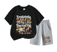 Kids Short Sleeve and Shorts, Italian Brainrot Funny Cartoon Print Tung Tung Tung Summer Boys Girls Sports Set,Black,140cm