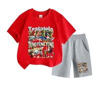 Kids Short Sleeve and Shorts, Italian Brainrot Funny Cartoon Print Tung Tung Tung Summer Boys Girls Sports Set,Red,140cm