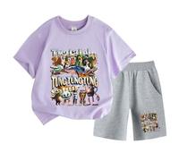 Kids Short Sleeve and Shorts, Italian Brainrot Funny Cartoon Print Tung Tung Tung Summer Boys Girls Sports Set,Purple,150cm