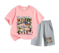 Kids Short Sleeve and Shorts, Italian Brainrot Funny Cartoon Print Tung Tung Tung Summer Boys Girls Sports Set,Pink,150cm