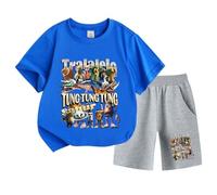 Kids Short Sleeve and Shorts, Italian Brainrot Funny Cartoon Print Tung Tung Tung Summer Boys Girls Sports Set,Blue,120cm