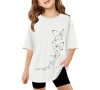 Kids Short Sleeve Butterfly T Shirts Girls Age 3-13 Years Round Neck Summer Tshirts Teenage Girls Fashion Graphic Cute Cartoon Casual Jogging Athletic School Blouse Tops (White, 10-11 Years)