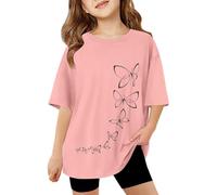 Kids Short Sleeve Butterfly T Shirts Girls Age 3-13 Years Round Neck Summer Tshirts Teenage Girls Fashion Graphic Cute Cartoon Casual Jogging Athletic School Blouse Tops (8-9 Years)