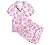 Kids Silk Girls Satin Pyjamas Short Sleeve Satin PJs Teen Kids Ocean Animals Nightwear Button-Down Summer Sleepwear Sets Soft Lightweight Loungewear Children Homewear Age 3-13 Years (10-11 Years)