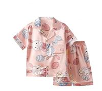 Kids Silk Pyjama Sets Girls Boys Satin Pyjamas Short Sleeve Button Down PJS Silky Sleepwear for Children Pink Rabbit Size 160/11-12Y