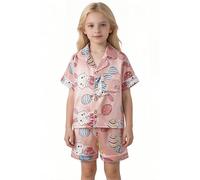 Kids Silk Pyjama Sets Girls Boys Satin Pyjamas Short Sleeve Button Down PJS Silky Sleepwear for Children Pink Rabbit Size 140/7-8Y