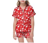 Kids Silk Pyjamas 2 Piece Kawaii Cartoon Print Sleepwear T-Shirt and Pants Pieces Set for Button-Down Pjs Sets Children Outfit Toddler Clothes Red