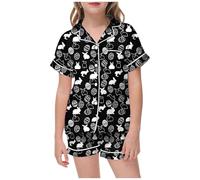 Kids Silk Pyjamas 2 Piece Kawaii Cartoon Print Sleepwear T-Shirt and Pants Pieces Set for Button-Down Pjs Sets Children Outfit Toddler Clothes Black