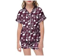 Kids Silk Pyjamas 2 Piece Kawaii Cartoon Print Sleepwear T-Shirt and Pants Pieces Set for Button-Down Pjs Sets Children Outfit Toddler Clothes Wine